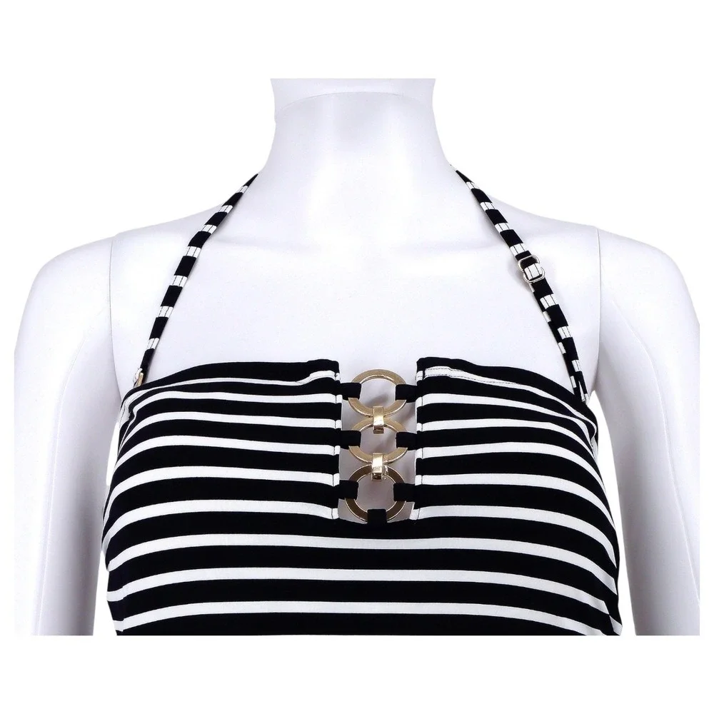 Michael Kors Swimsuit Womens 12 One Piece Halter Monokini Stripe Black White